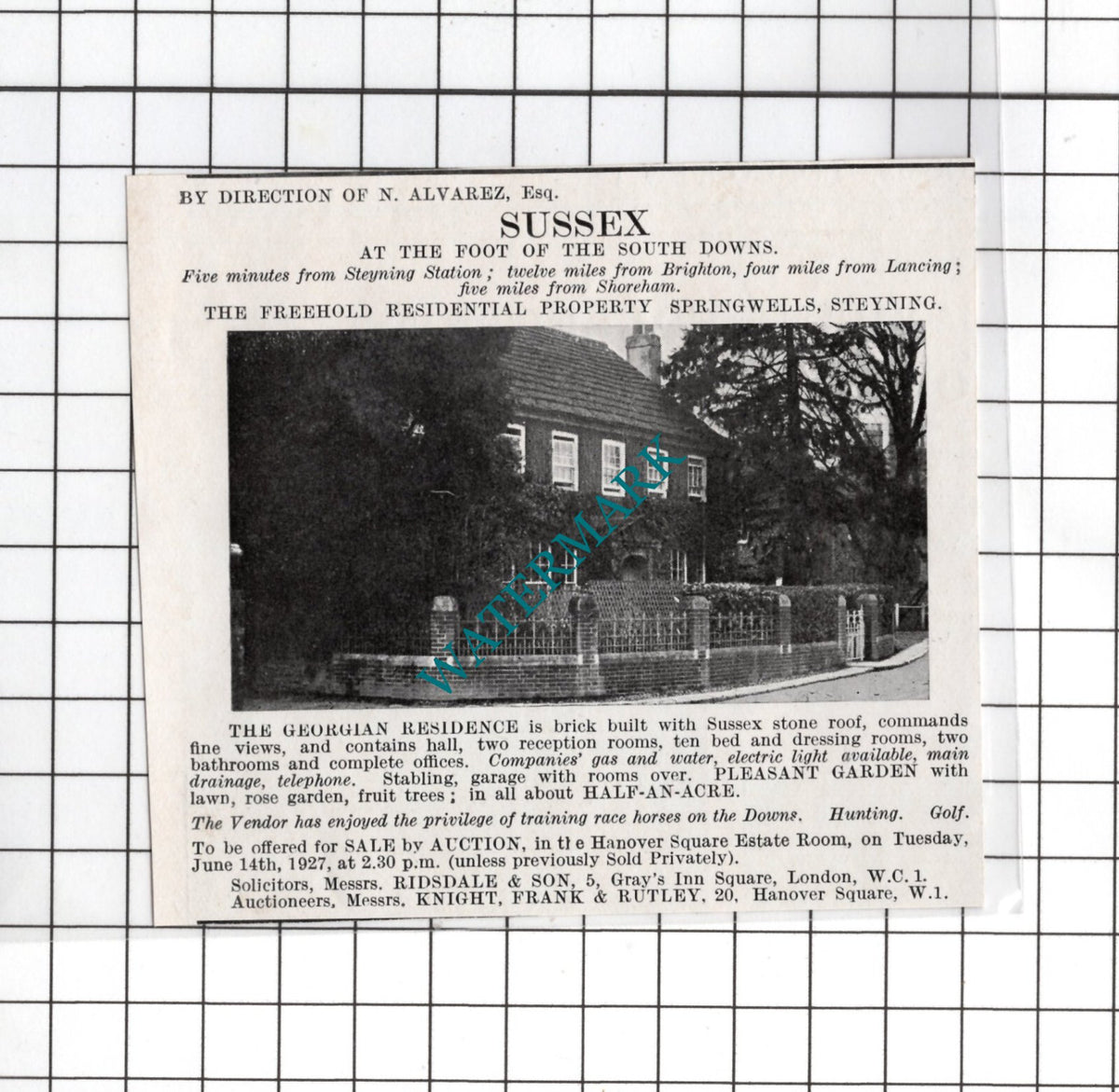 Springwells Steyning Sussex N Alvarez Esq  - 1927 Small House Sale Advert