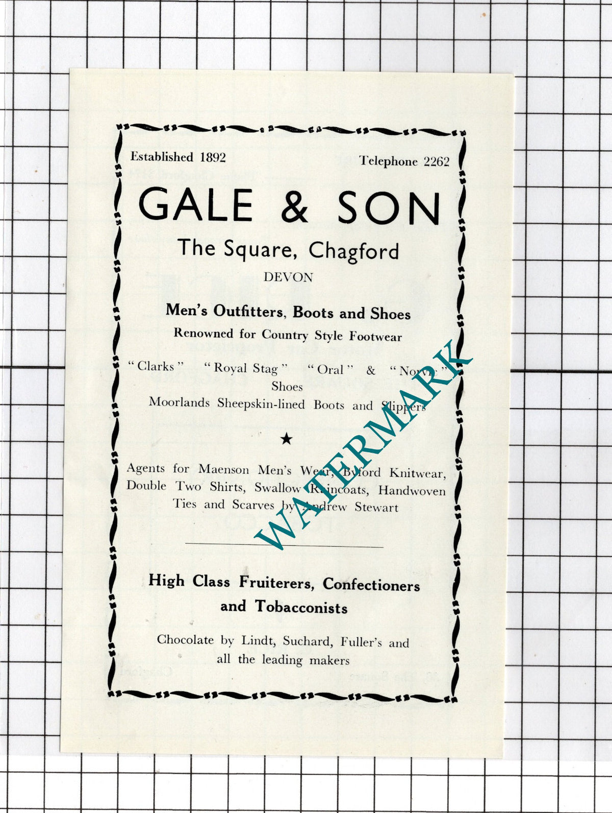 Gale & Son Chagford Devon G Rice Motor Car Proprietor -c.1940s Advert