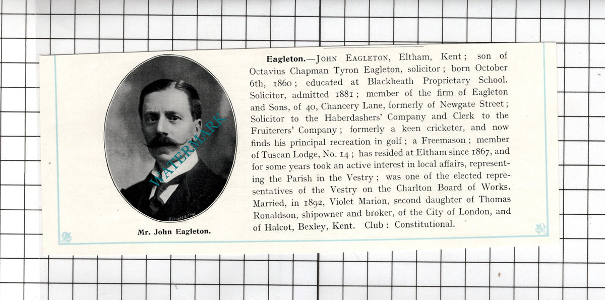 Mr John Eagleton Eltham Kent  - c.1905 Clipping