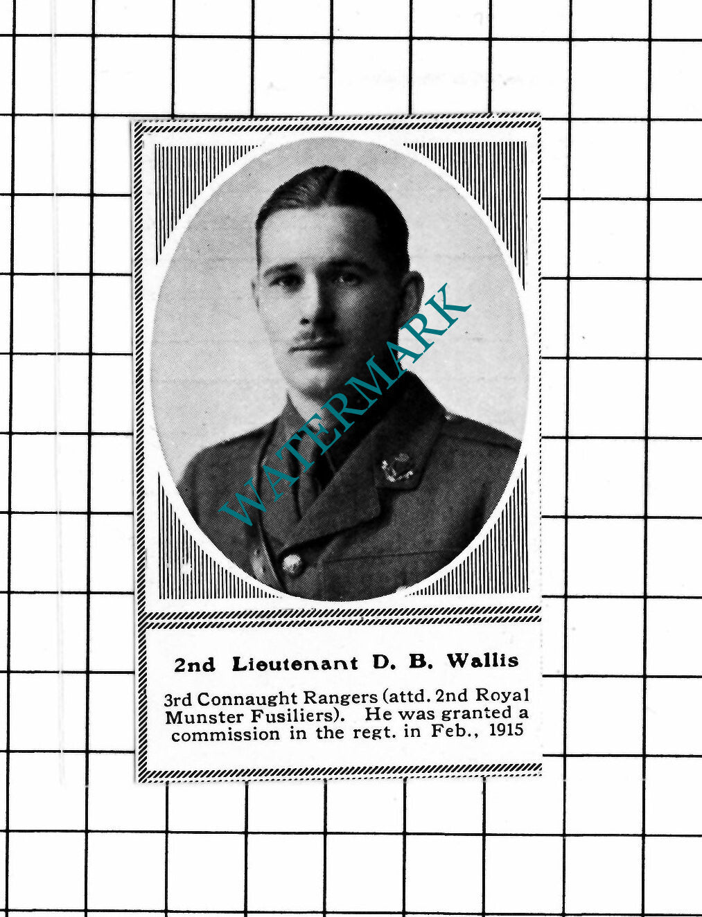 2nd Lt  D B Wallis 3rd Connaught Rangers WW1 - c.1918 SMALL Clipping/  Print