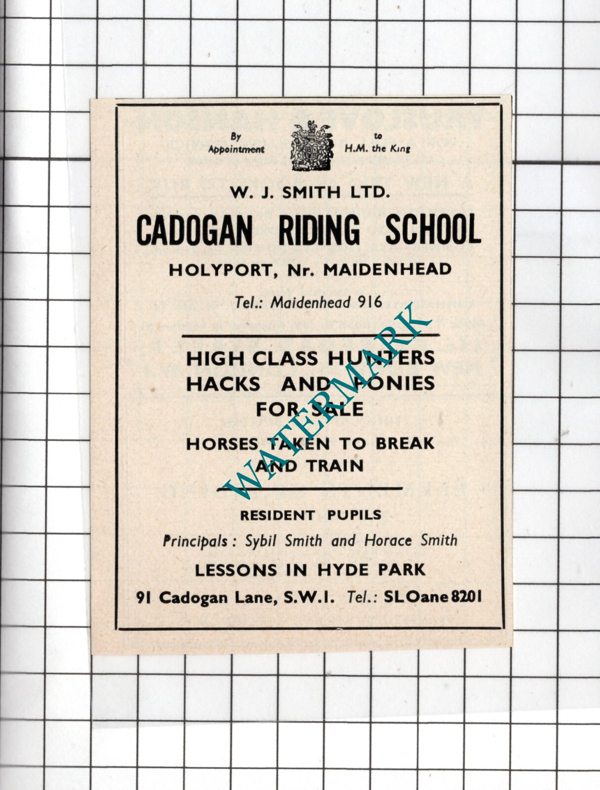 Cadogan Riding School Holyport Horace Smith Sybil Smith  - 1949 Small Advert