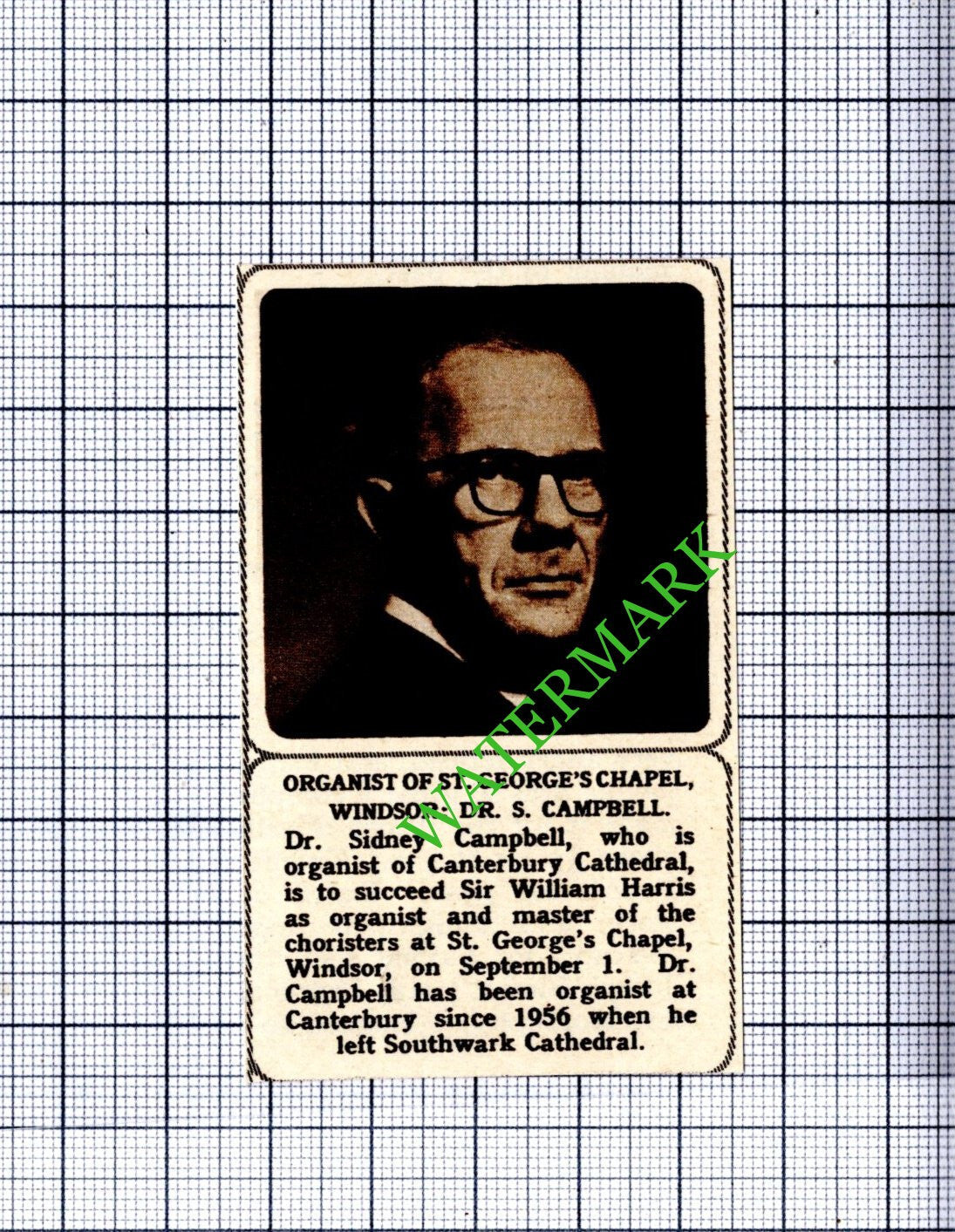 Dr Sidney Campbell Canterbury Cathedral  - 1961  Small Cutting