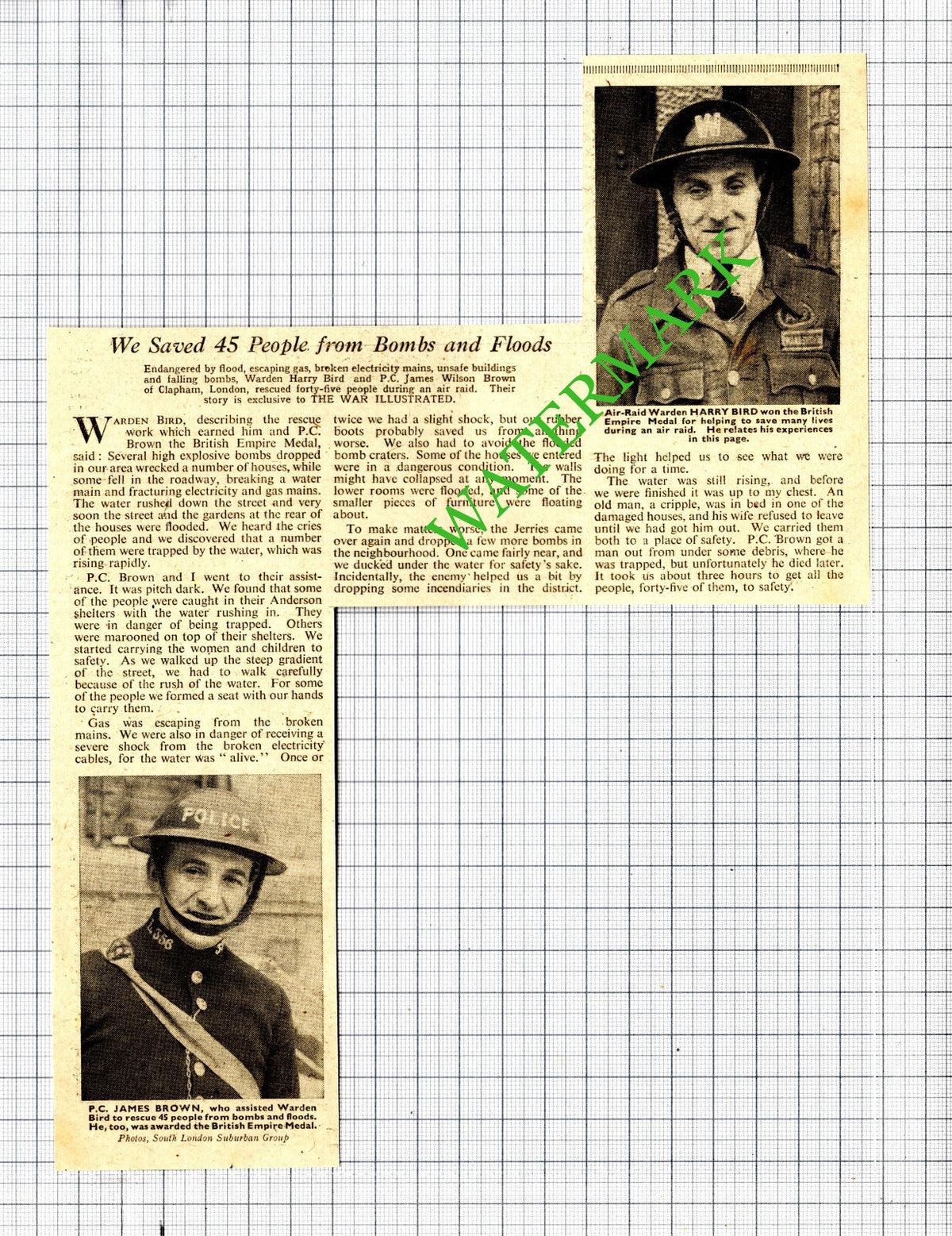 Warden Harry Bird PC James Brown Clapham London Air Raid WW2  - 1941 Cutting