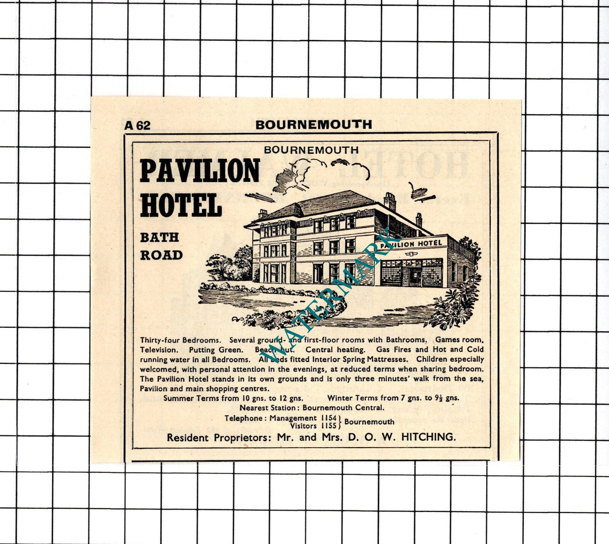 Pavilion Hotel Bournemouth Hitching / Hotel Walmer  Small Advert -1958 Cutting