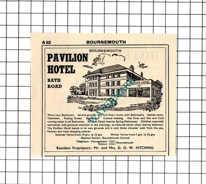 Pavilion Hotel Bournemouth Hitching / Hotel Walmer  Small Advert -1958 Cutting