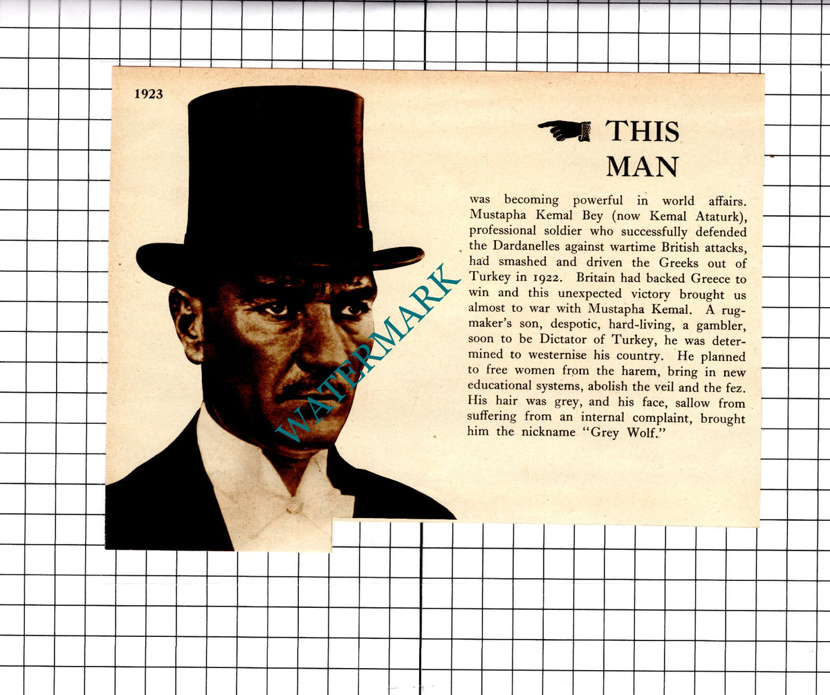 Mustapha Kemal Bey   Kemal Ataturk  - 1930s Clipping / Print