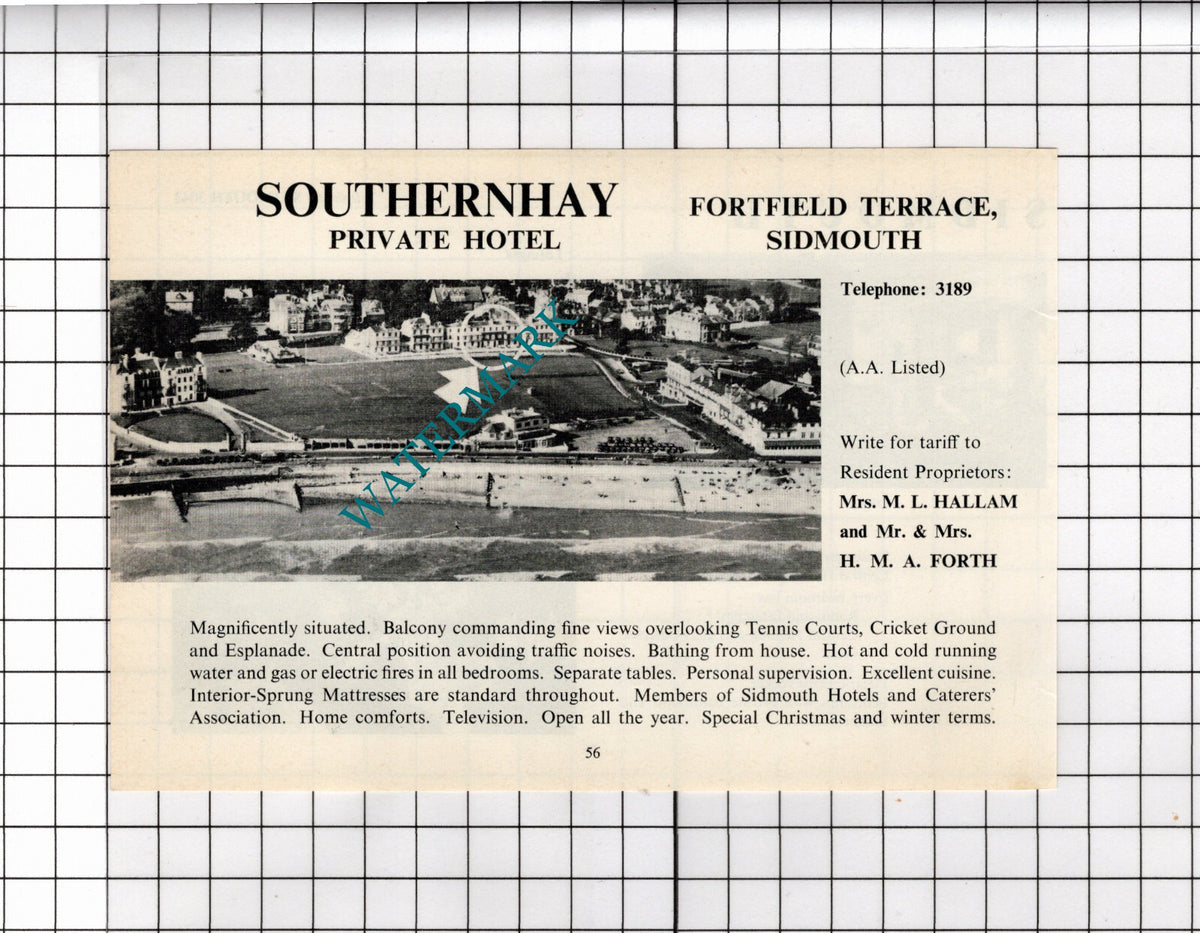 Southernhay Hotel Sidmouth Devon  Mrs ML Hallam   - 1968 ADVERT