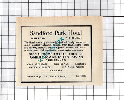 Wellesley Court Hotel Cheltenham Spa Kenyon Sandford Park Hotel   c.1970s Advert