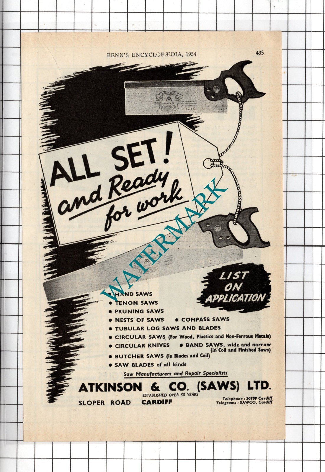 Atkinson & Co (Saws) Ltd Sloper Road Cardiff Wales    -  1954 Advert