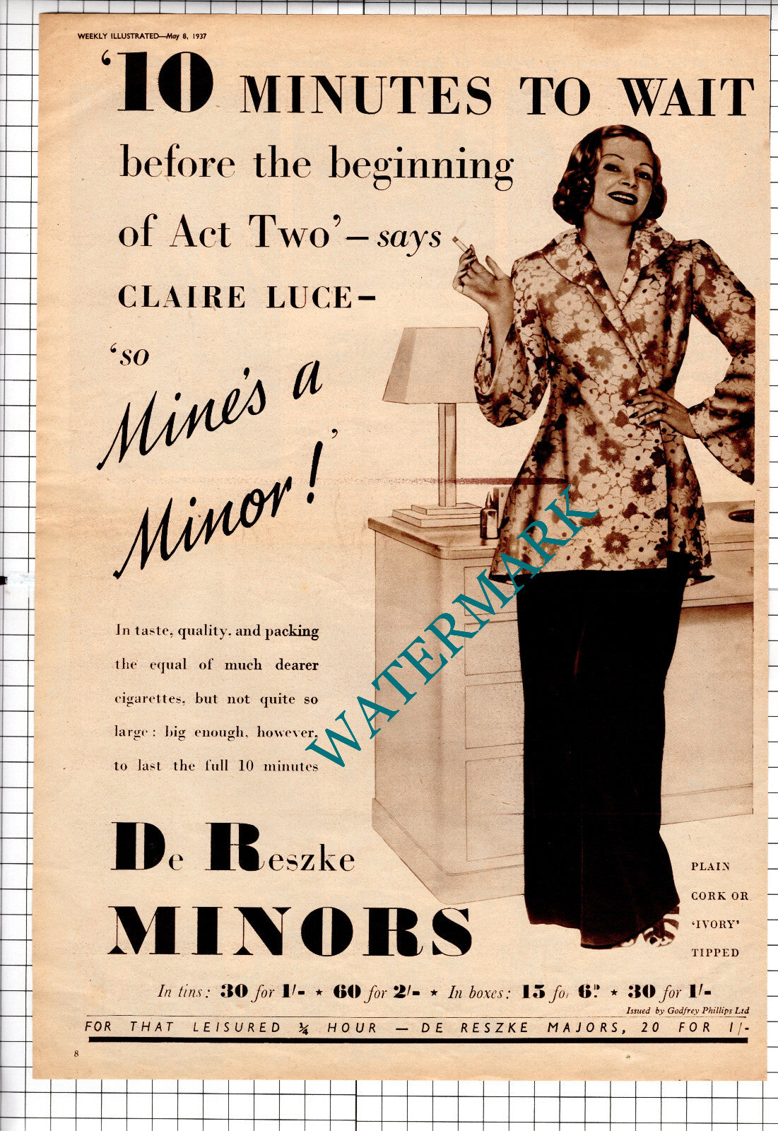 Clare Luce De Reszke Minors Cigarette Advert - 1937 News Page Advert