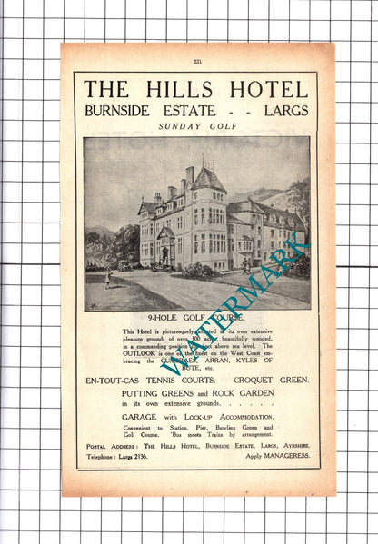 The Hills Hotel Burnside Est Largs / Victoria Hotel Advert - 1939 Cutting