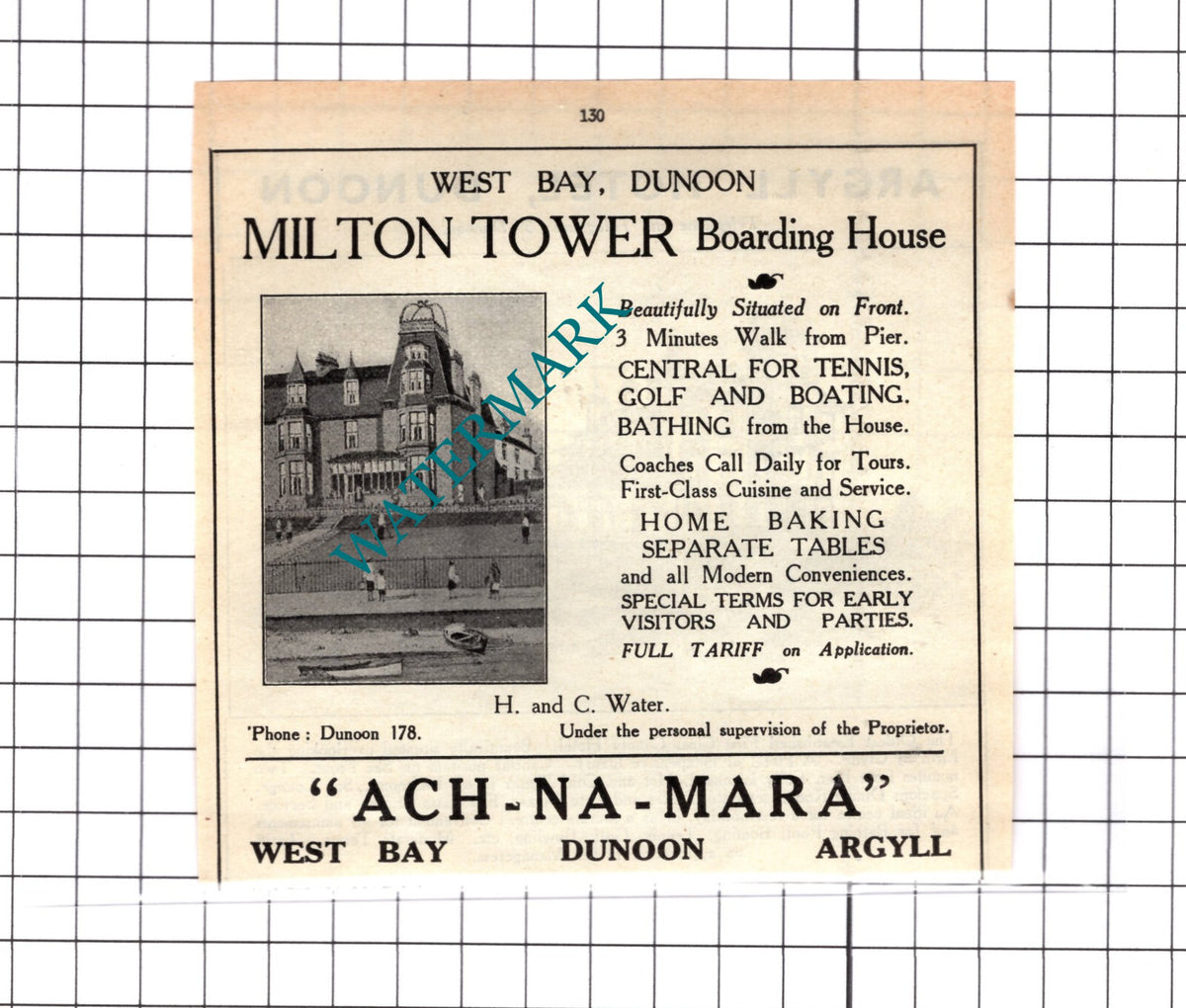Argyll Hotel Dunoon / Milton Tower Boarding House Small Advert-  1939 Cutting