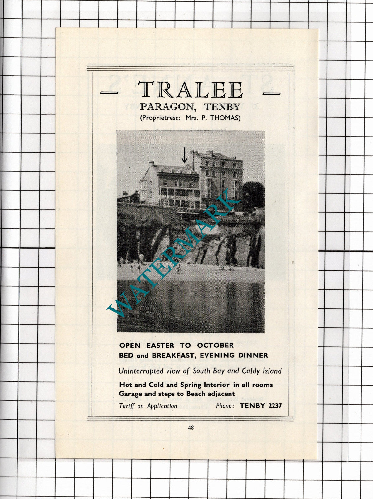 Tralee Paragon Tenby Wales Mrs Thomas /  St Anne's  Hotel Brace - 1962 ADVERT