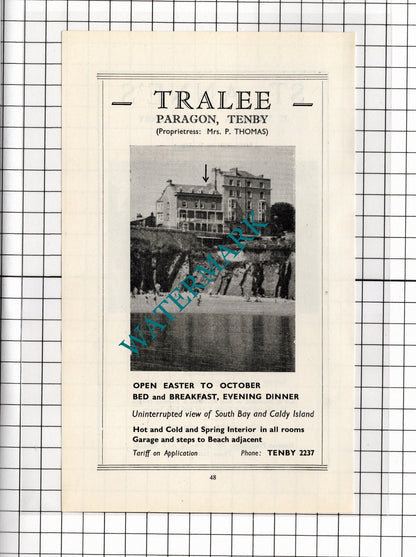 Tralee Paragon Tenby Wales Mrs Thomas /  St Anne's  Hotel Brace - 1962 ADVERT