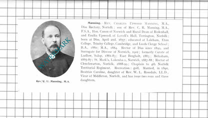 Rev Charles Upwood Manning Diss / Rev Alfred Sanderson Lindeman  - 1911 Clipping