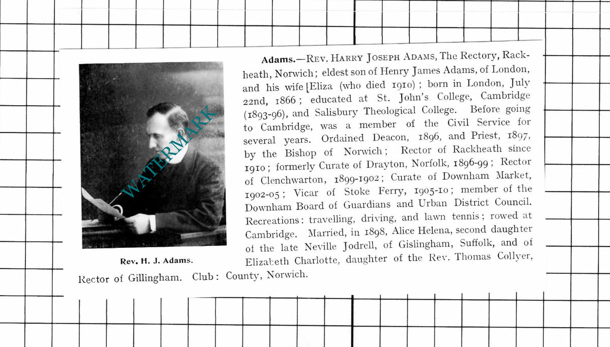Rev Harry Joseph Adams The Rectory Rackheath Norwich Norfolk - 1911 Clipping