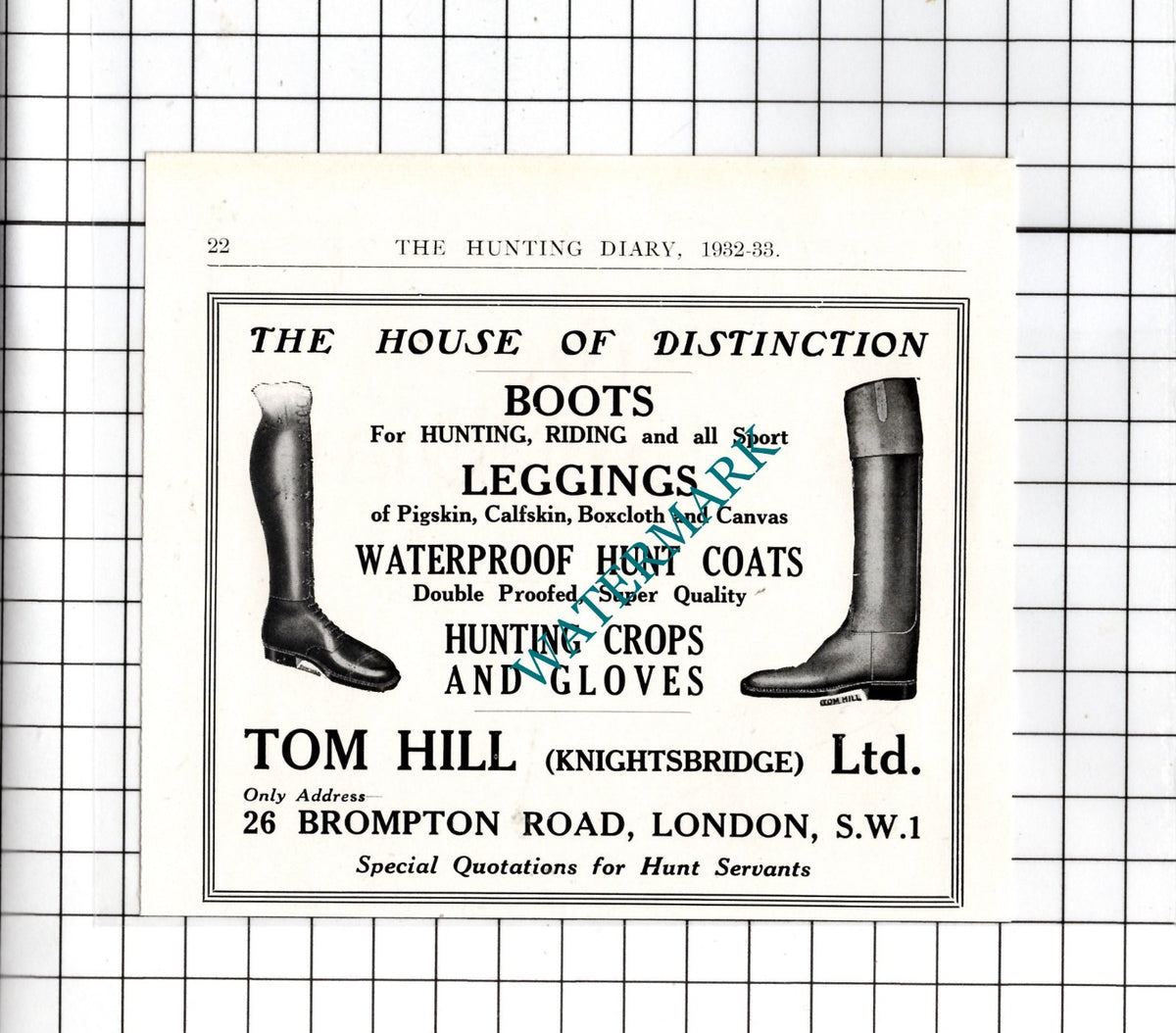 Tom Hill Knightsbridge Ltd  26 Brompton Road London SW1  -   1932 Small ADVERT