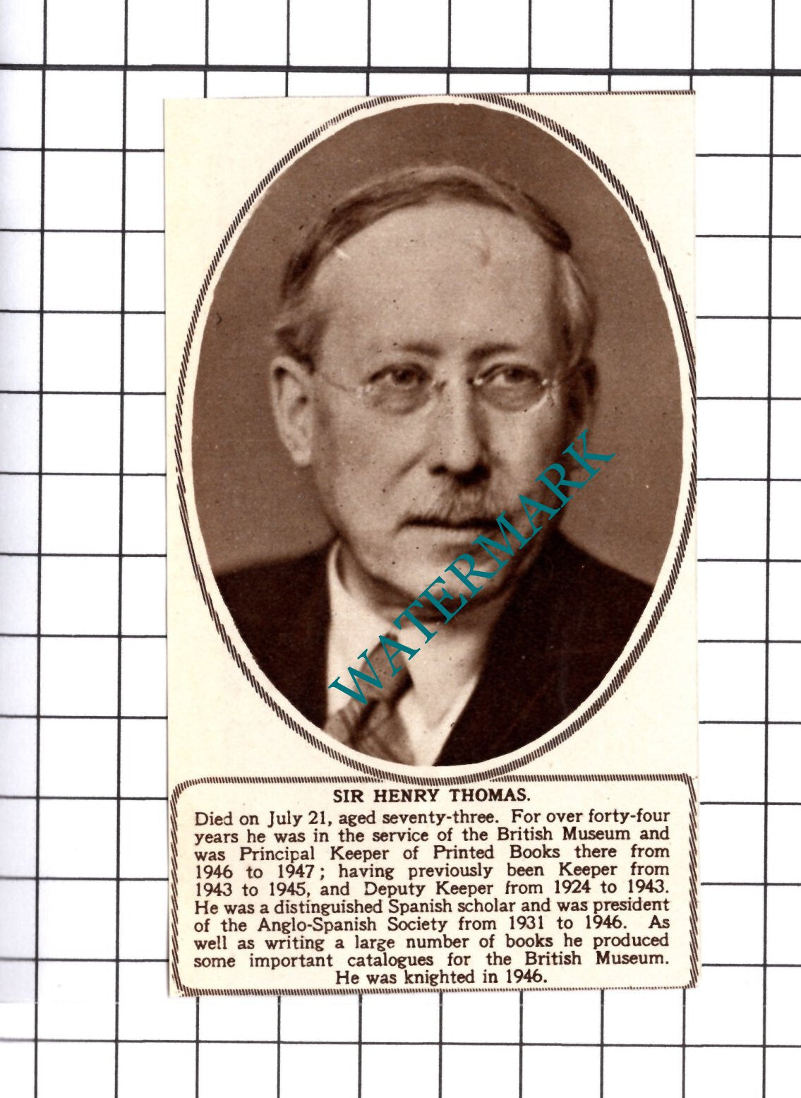 Sir Henry Thomas British Museum Obituary  - 1952 Small Cutting