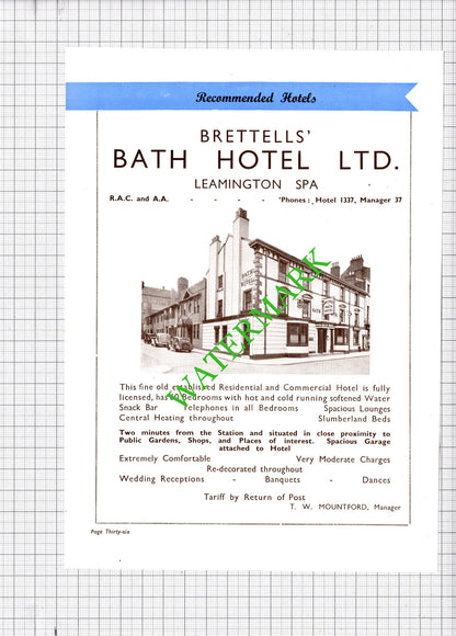 Brettells Bath Hotel Leamington Spa Mountford / Priors Gas Advert -1930s Cutting