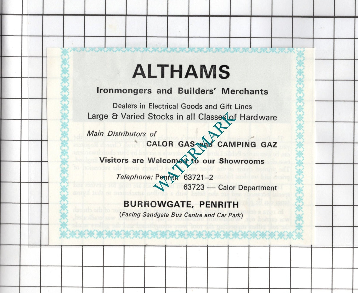 Althams Ironmongers Burrowgate Penrith Cumbria  -  c.1975 SMALL Advert