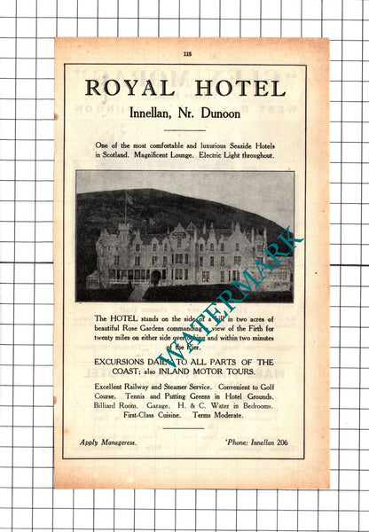 Royal Hotel Innellan  / Glen Morag Hotel Dunoon Jones Advert - 1939 Cutting
