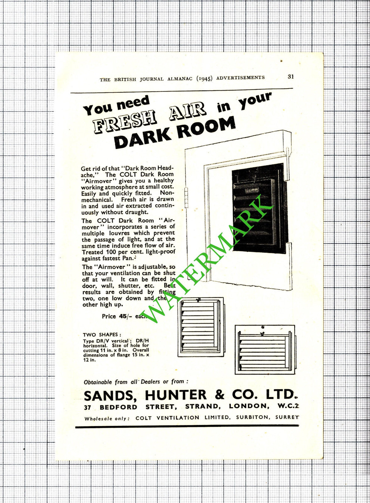 Sands Hunter & Co Ltd London Small Advert - 1945 Cutting