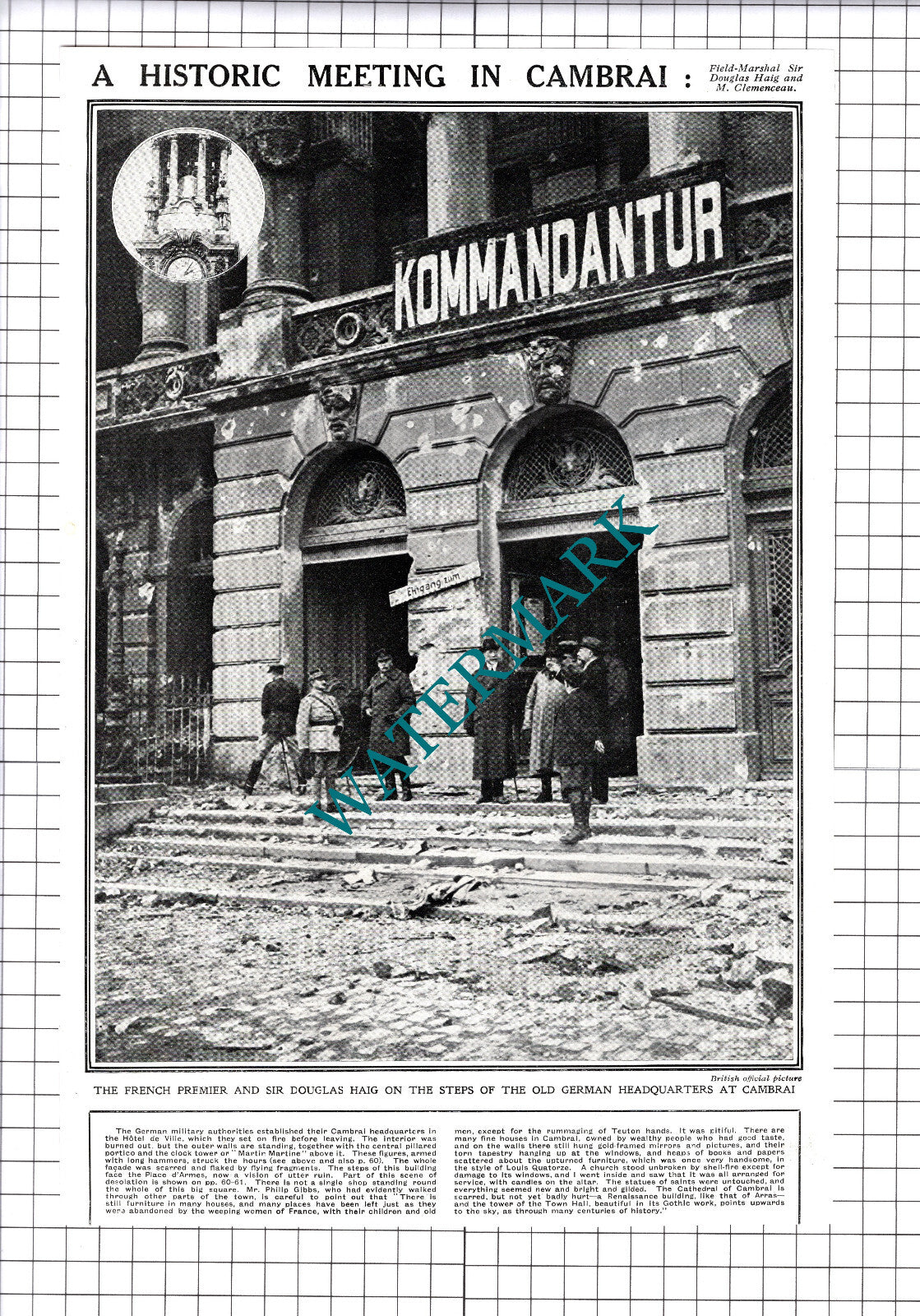Hotel de Ville Cambrai   Sir Douglas Haig M Clemenceau WW1 - 1918 Cutting/ Print