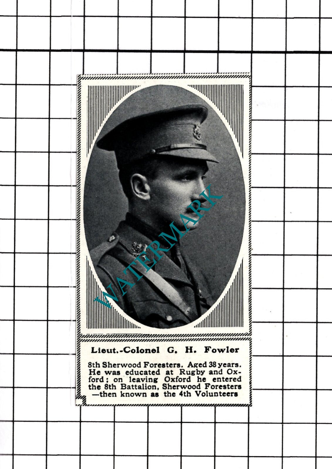 Lt Col G H Fowler 8th Sherwood Foresters WW1 -  c.1918 SMALL Clipping