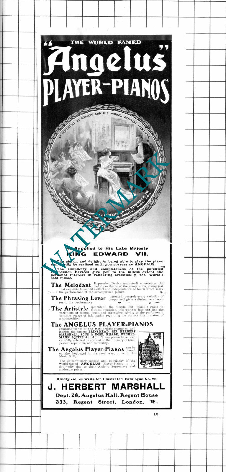 J Herbert Marshall Angelus Hall Regent St London Angelus Pianos - 1910 Advert