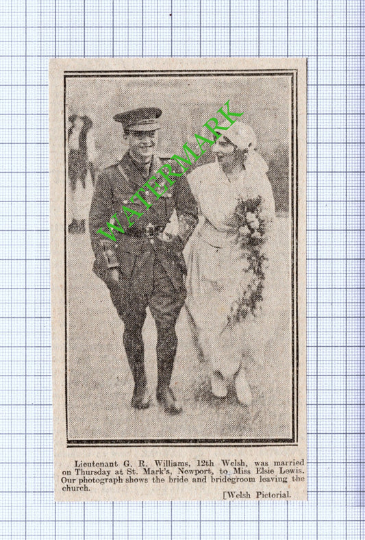 Lt G R Williams 12th Welsh Miss Elsie Lewis Newport Wales - 1916 News Cutting