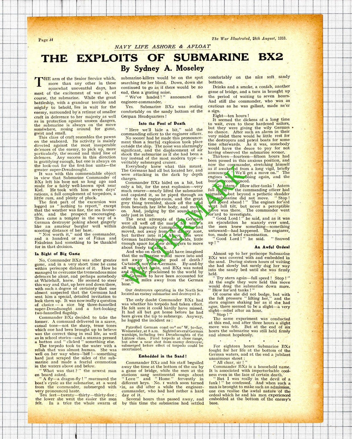 Submarine BX2 Great War WW1  - 1918 Cutting