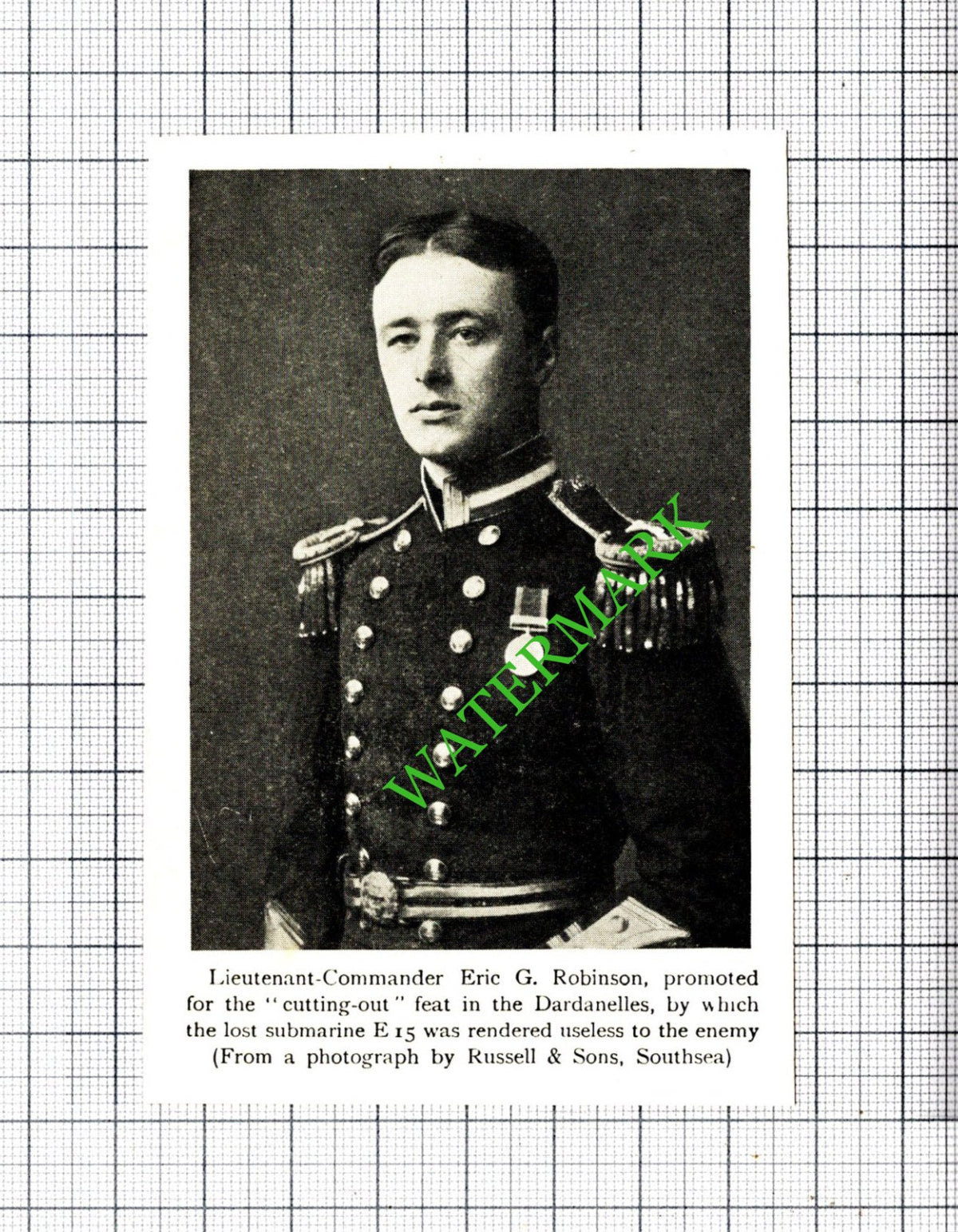 Lt Com Eric G Robinson Submarine E15 Great War WW1 -   c.1920 Small Cutting
