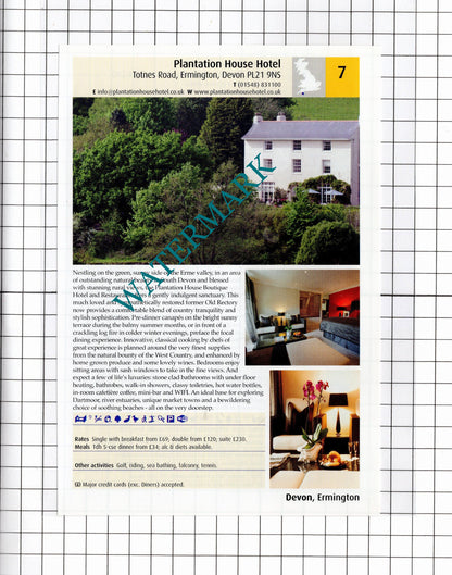Plantation House Hotel Ermington Devon / Combe House Honiton Devon - 2011 Advert