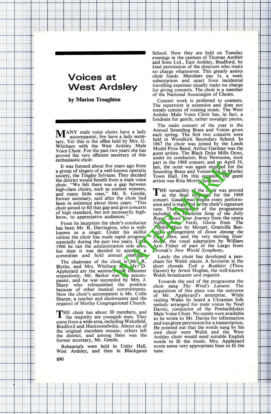 West Ardsley Male Voice Choir Mrs G Whitham Darrington - c.1970s Cutting
