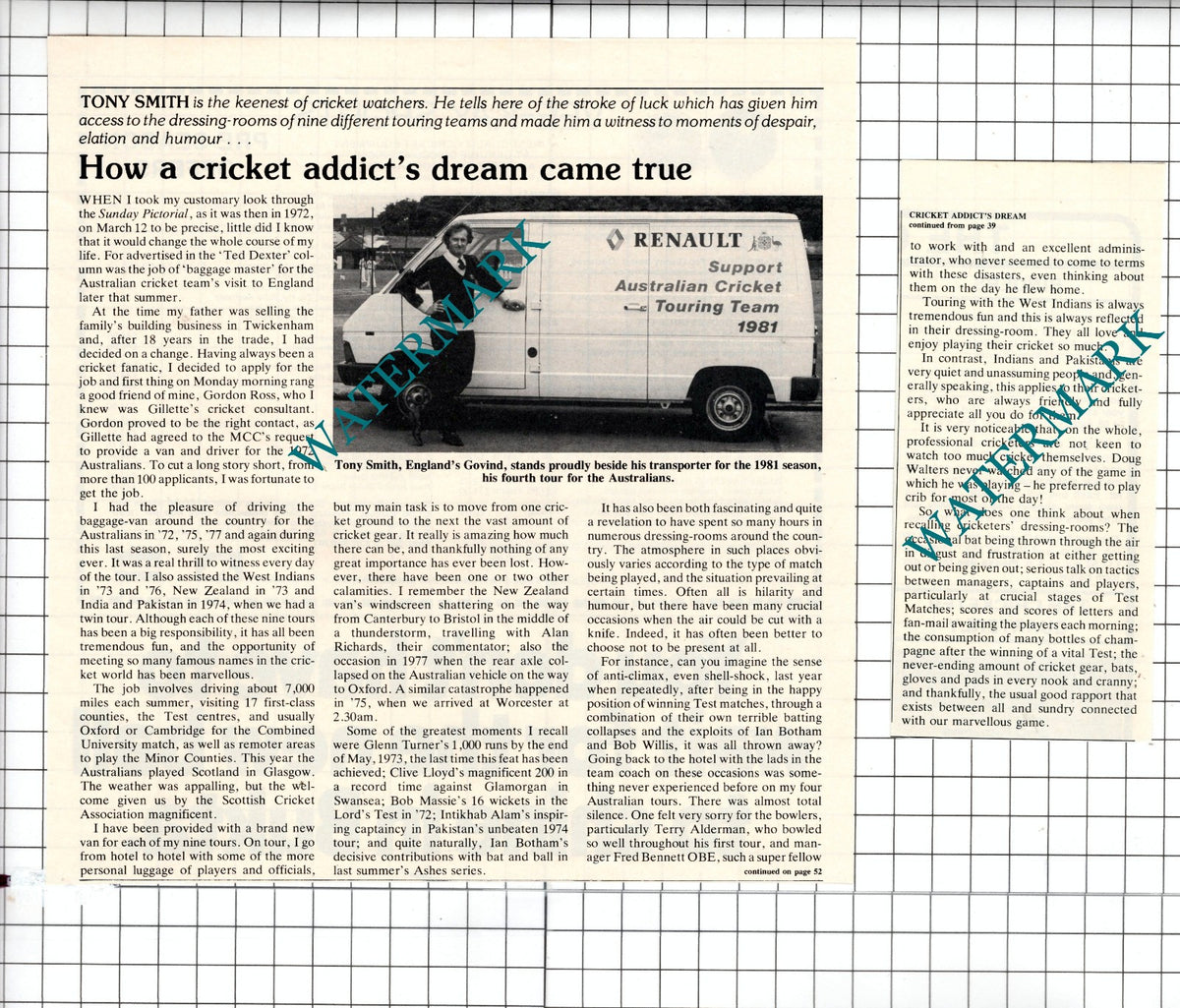 Tony Smith Cricketer Cricket   - 1982 Two-Part Clipping