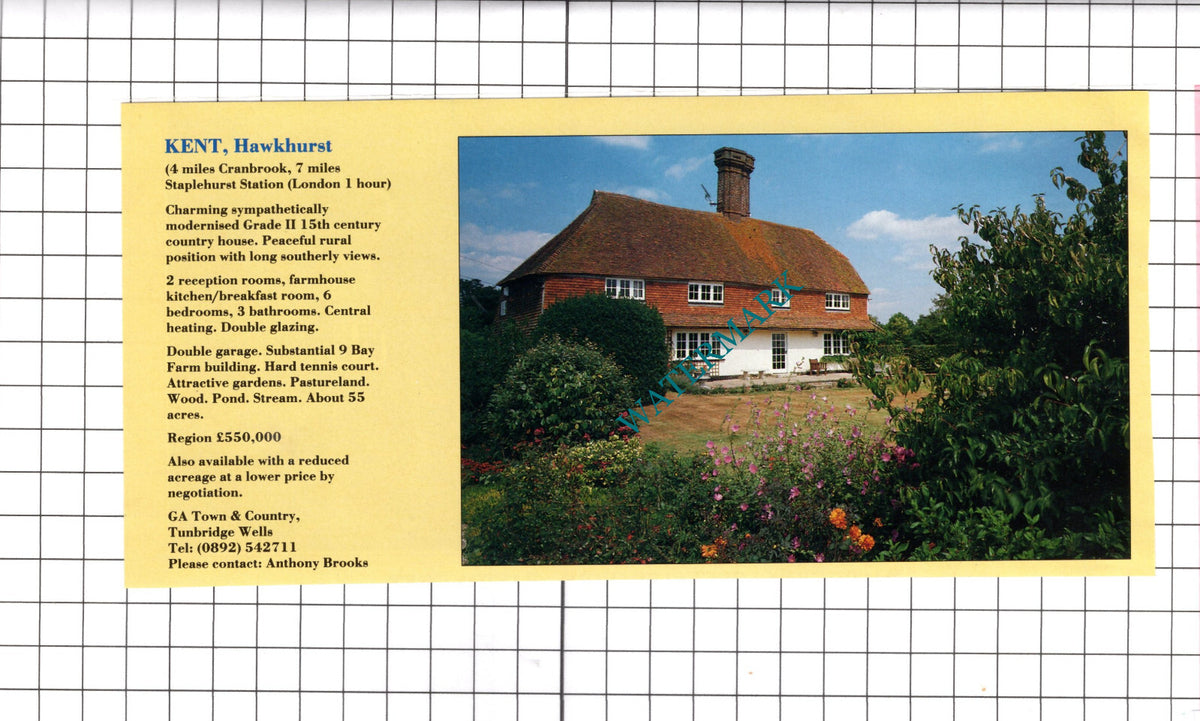 Hawkhurst Kent House Sale Advert - 1989 Clipping / Print