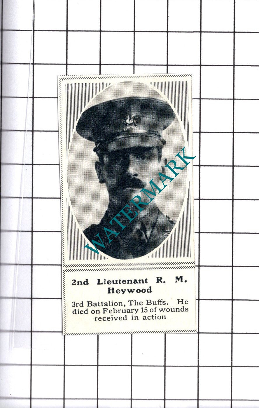2nd Lt R M Heywood 3rd Batt The Buffs WW1 - 1915 SMALL Cutting