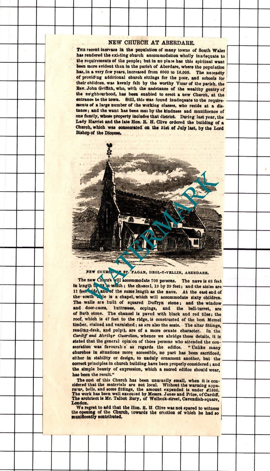 Abadare Wales St Fagan's Church Hon R H Clive -  1854 Clipping / Print