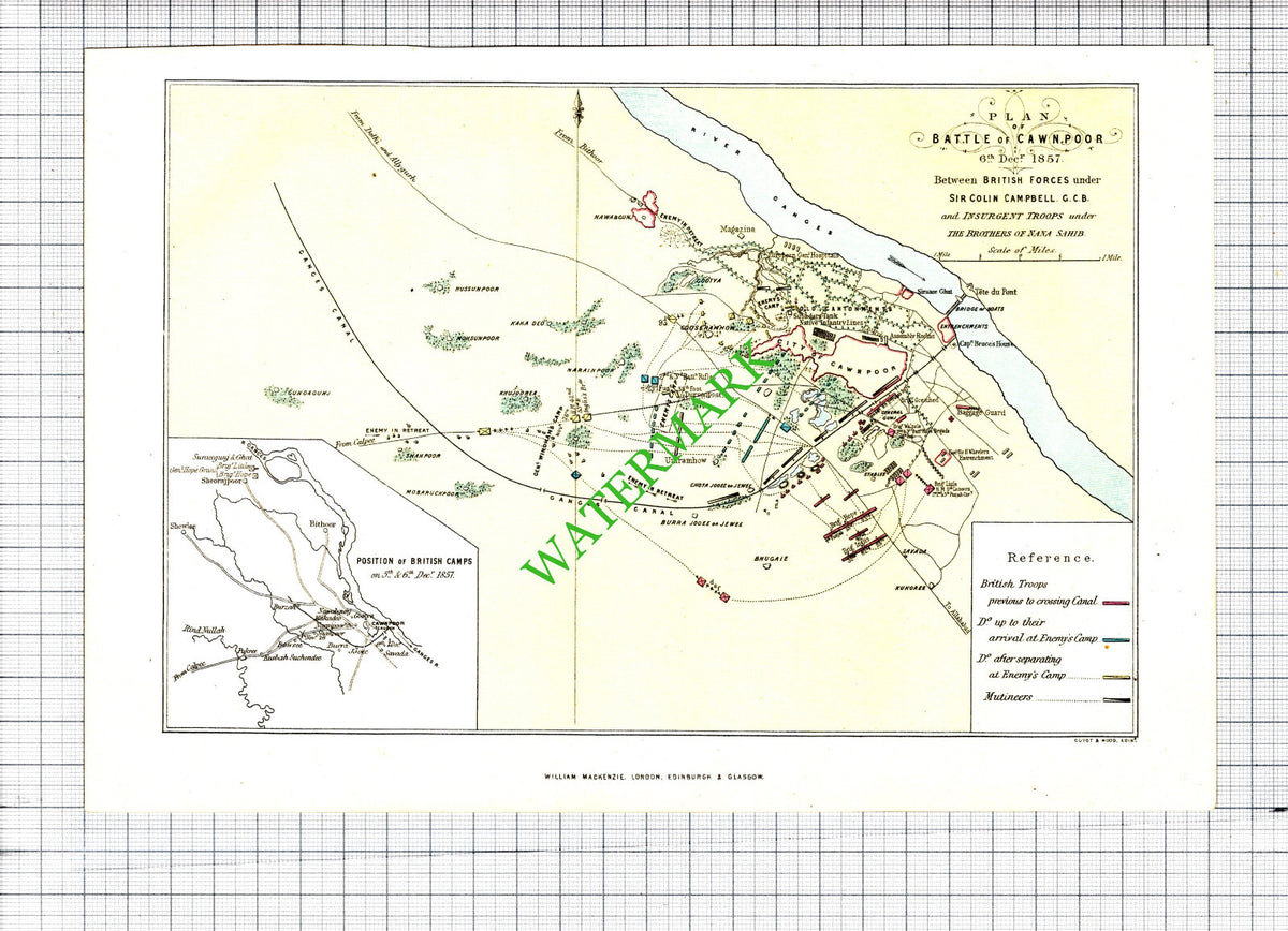Map Plan Of Battle Of Cawnpoor  Sir Colin Campbell - c.1887 Print