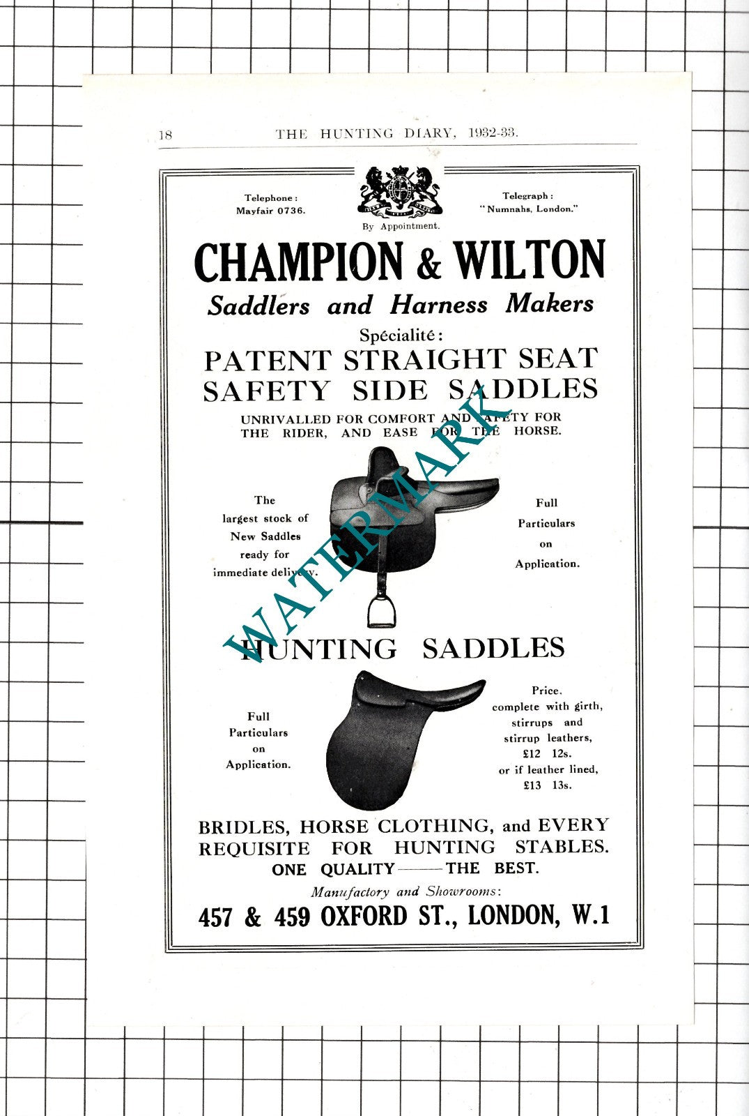 Champion & Wilton Saddlers Oxford Street London - 1932 Advert