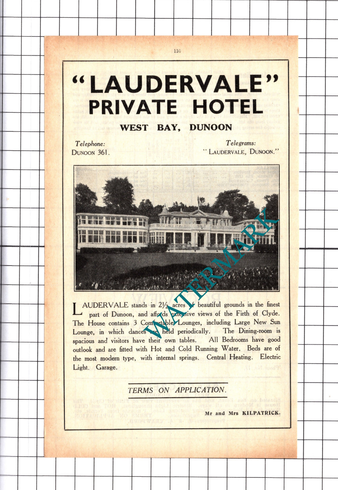 Laudervale Hotel West Bay Dunoon Kilpatrick Advert - 1939 Cutting
