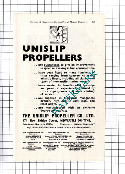 Unislip Propeller Newcastle on Tyne / Cape Asbestos Co London  ADVERT - c.1957