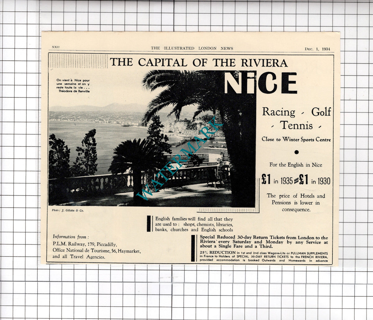 Nice France Tourism ADVERT - 1934 Cutting