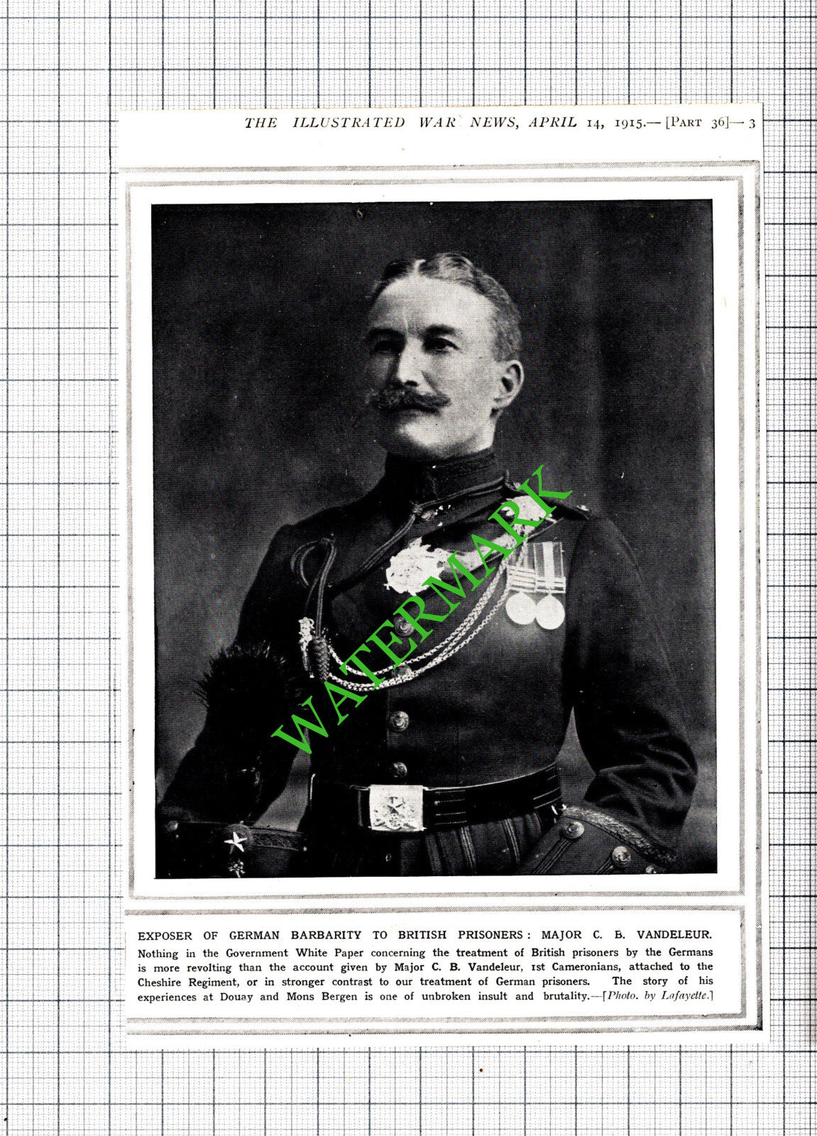 Major C B Vandeleur 1st Cameronians World War One WW1  - 1915 Cutting