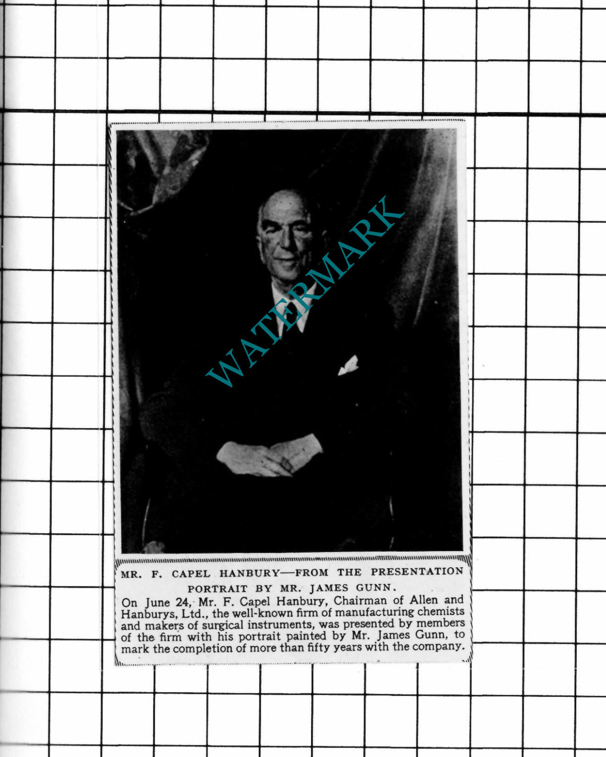 Mr F Capel Hanbury Allen and Hanburys Ltd James Gunn  1950 SMALL Clipping/ Print