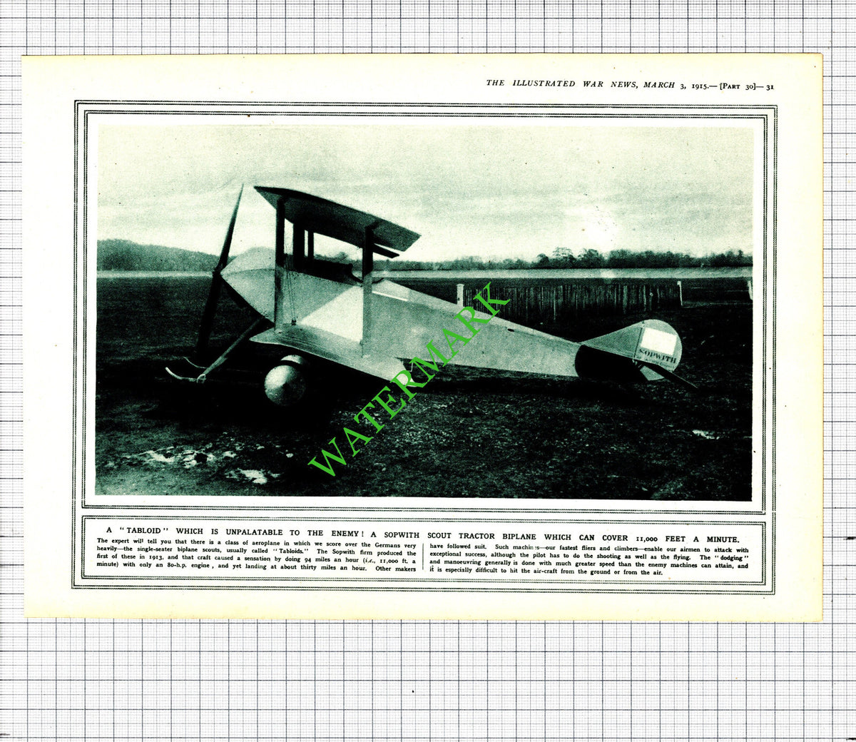 Sopwith Tractor Biplane Tabloid Great War WW1 --  1915 Cutting / Print
