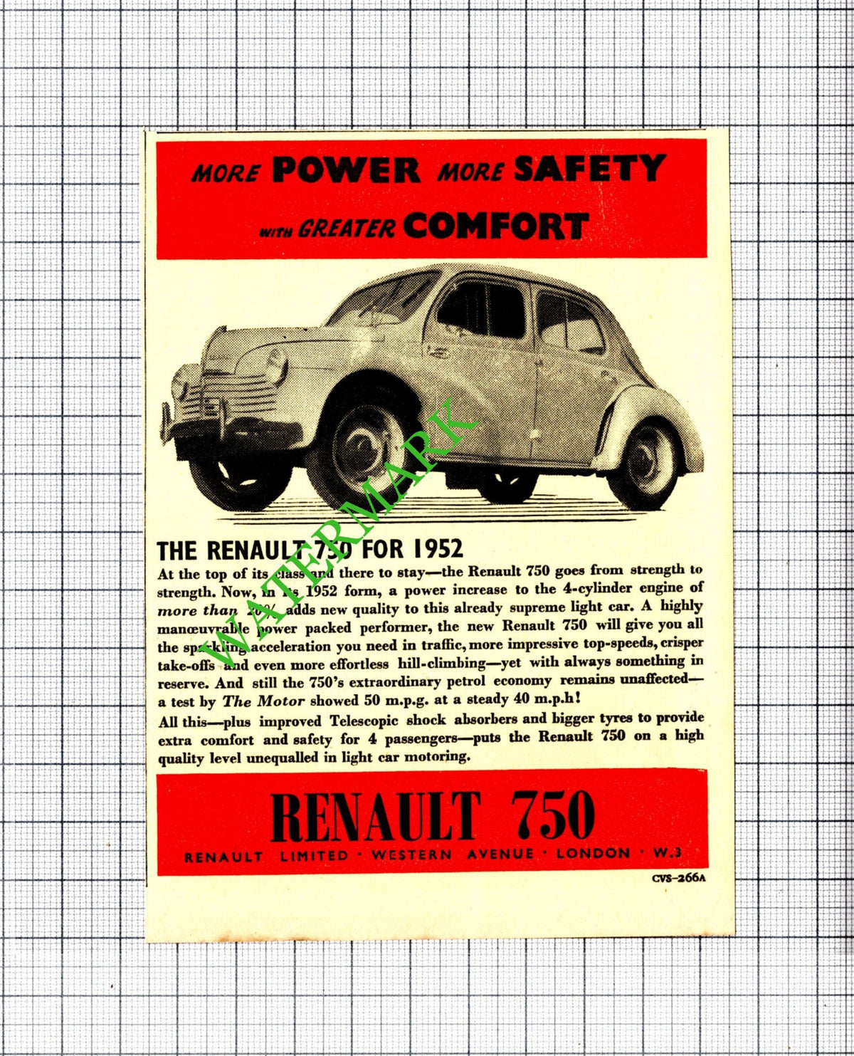 Renault 750 Car SMALL ADVERT   - 1951 Cutting