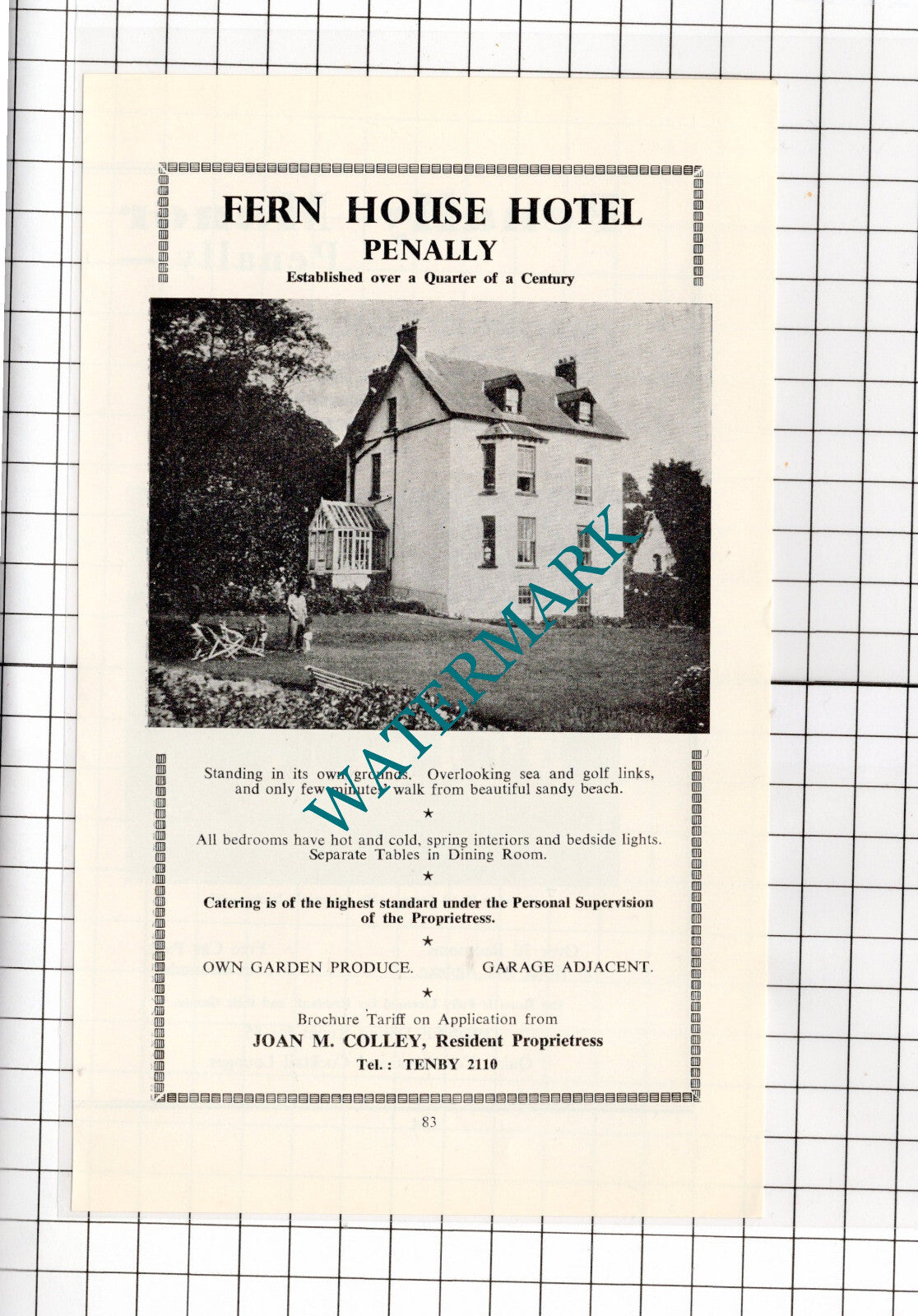 Fern House Hotel Penally Wales Joan Colley Advert -c.1962 Cutting