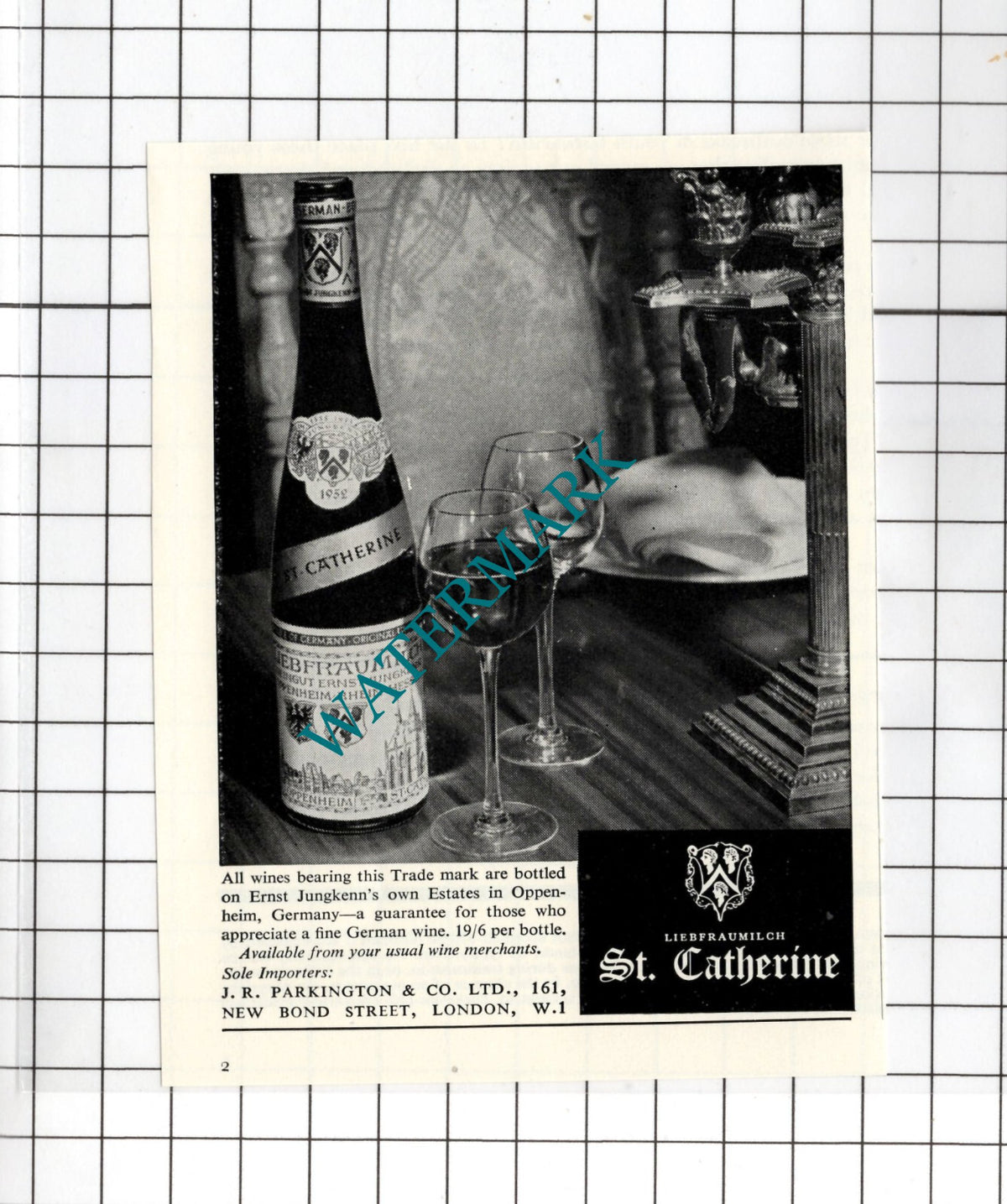 St Catherine Liebfraumilch Ernst Jungkenn Oppenheim Germany - 1956 Small Advert