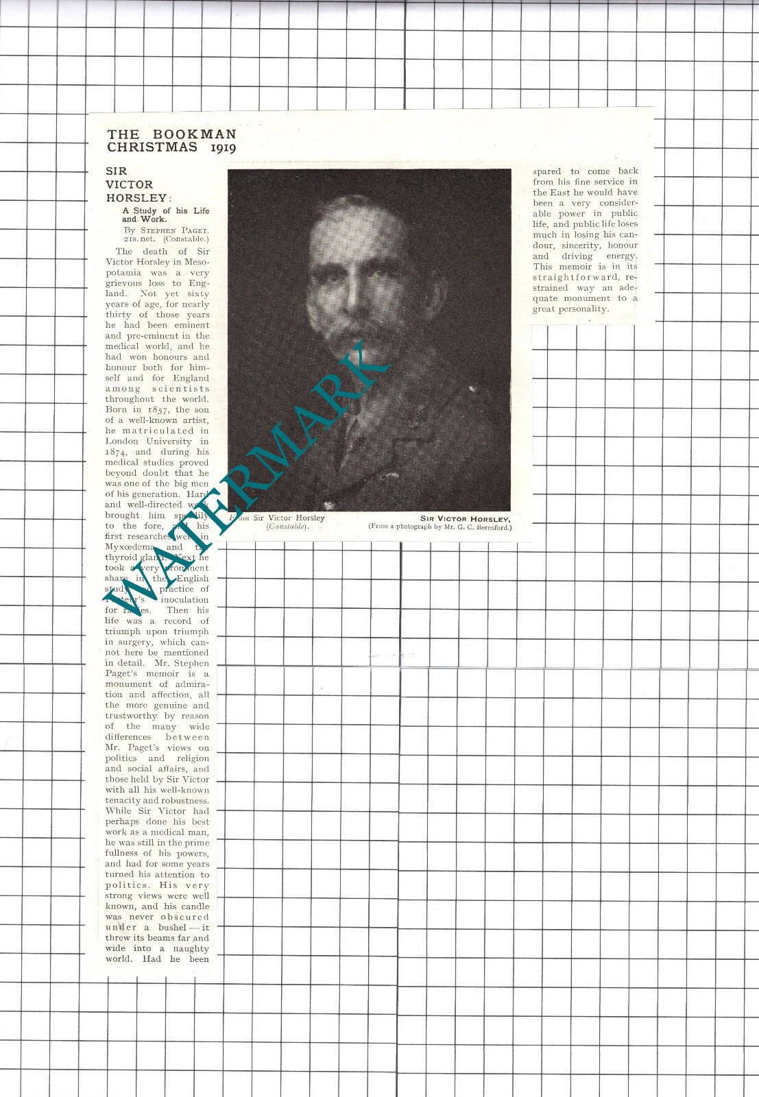 Sir Victor Horsley   - 1919 Clipping / Print